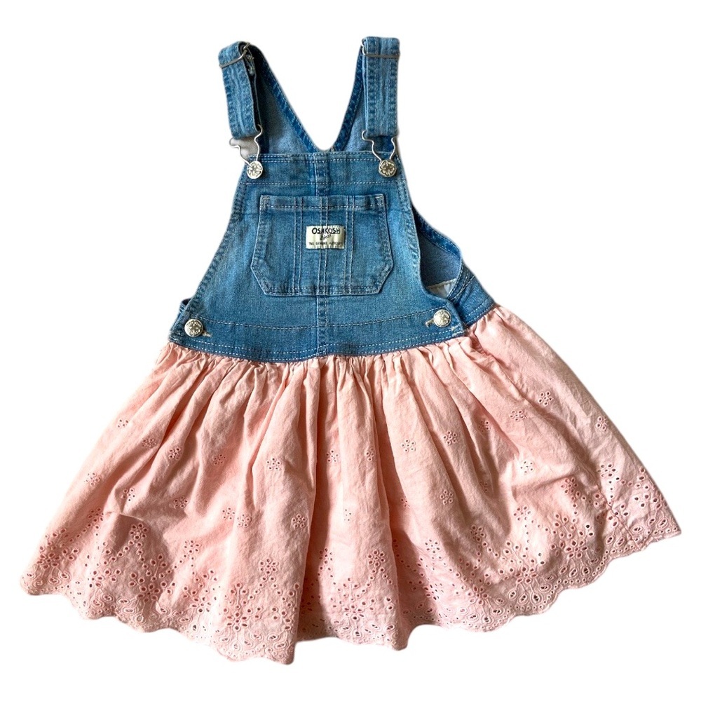 OSHKOSH BGOSH Dress Overalls Jumper Skirt Pink Blue Cotton Floral Ruffle
